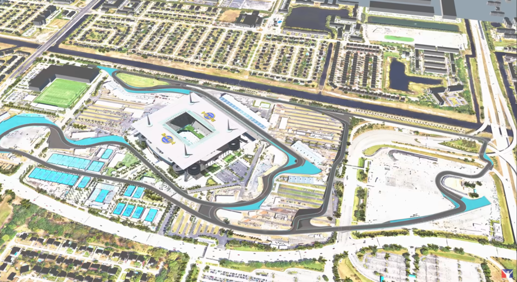 Prototype Miami Autodrome track layout in iRacing with multiple circuit routes visible.