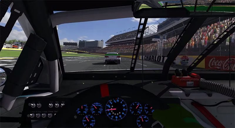 iRacing steering input cockpit view showing Chevy SS steering wheel and driver perspective