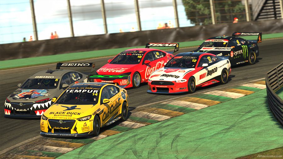 iRacing cars racing on track, illustrating the variety of series available via community schedule tools