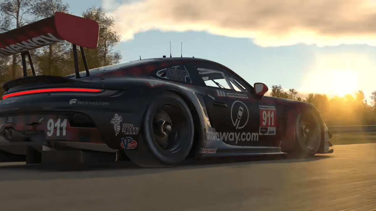 Porsche GT3 car on track in iRacing - the kind of sim racing that builds real-world driving skills
