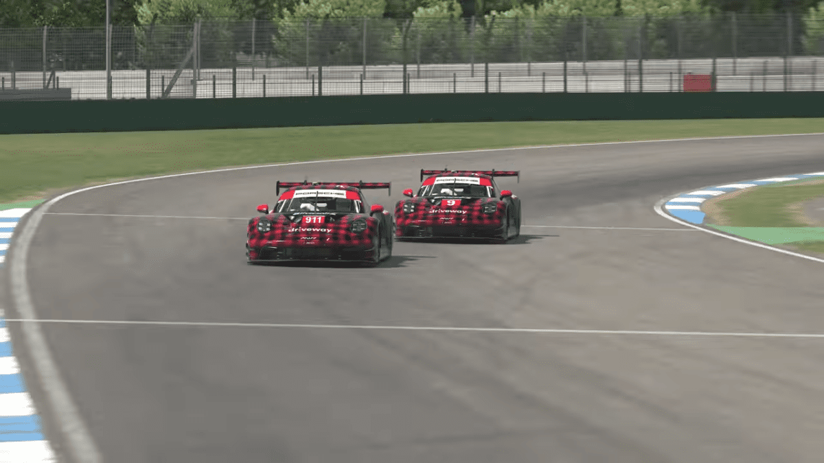 Two Porsche 911 GT3 R cars racing on track in iRacing — telemetry analysis helps drivers find consistent gains lap after lap