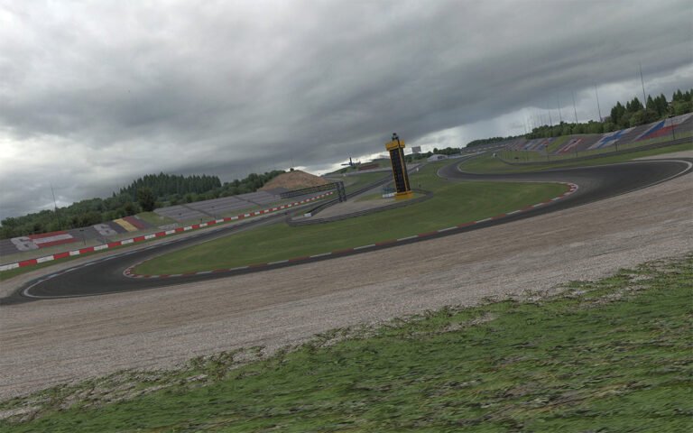 iRacing car holding brake pressure through a Nurburgring corner entry, showing the controlled load transfer of a trail braking release