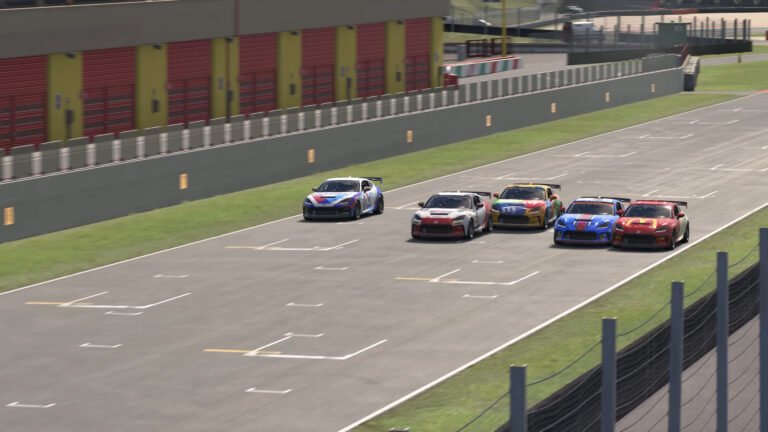 iRacing Career Mode style grassroots racing - five iRacing GR86 cars side by side on a restart, the kind of progression racing Career Mode is built around