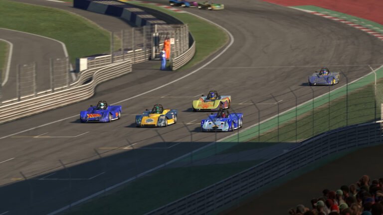 Two iRacing cars in wheel-to-wheel racing action illustrating slow corner technique and braking discipline