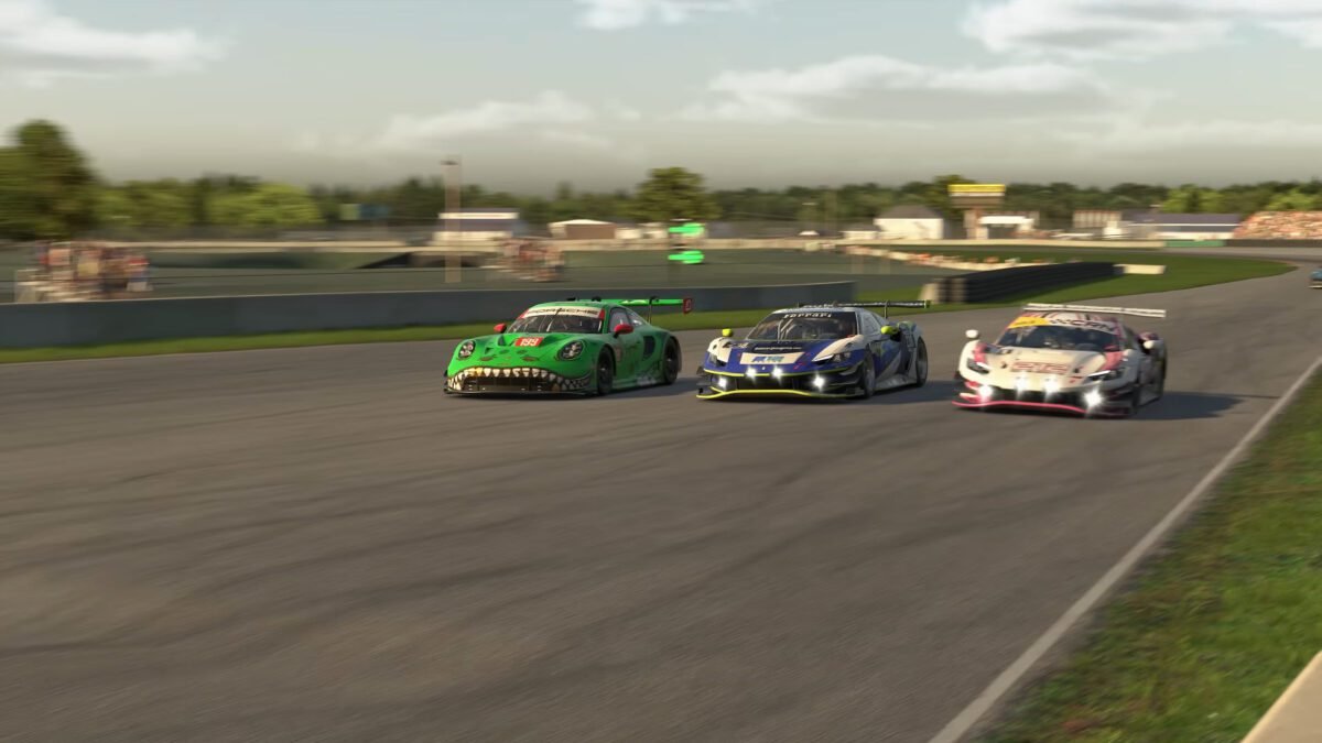 Two GT3 cars running side by side through a road course corner in iRacing, showing proper racing room during a wheel-to-wheel battle