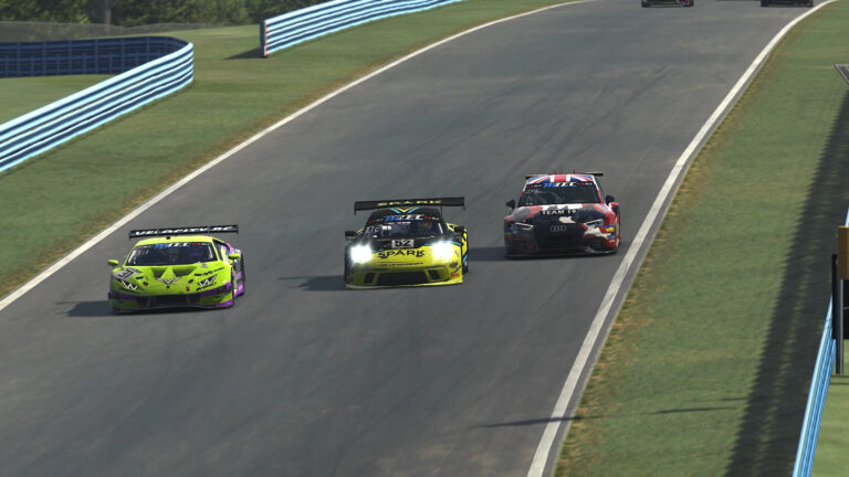 iRacing GT3 cars racing on a dry track — weather affects grip and lap times