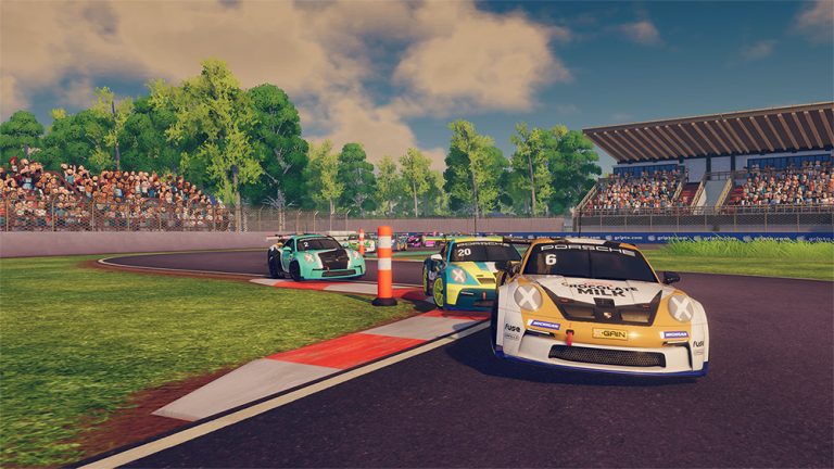 iRacing Arcade racing action screenshot - Porsche GT3 cars on colorful arcade circuit