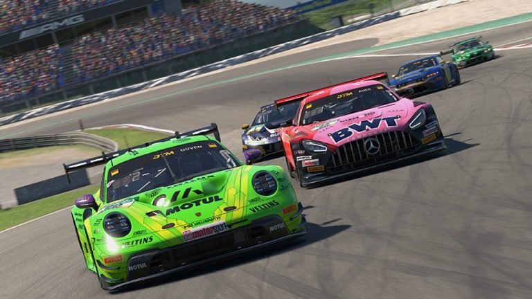 Multiple iRacing cars racing wheel-to-wheel on a road circuit during an online race session