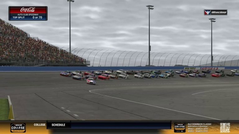eNASCAR College iRacing Series cars racing at the green flag start of a qualifying tournament event