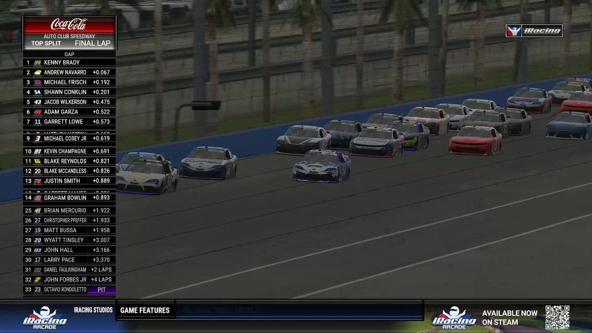 Kenny Brady leads the eNASCAR Coca-Cola iRacing Qualifying Series field on the final lap at Auto Club Speedway