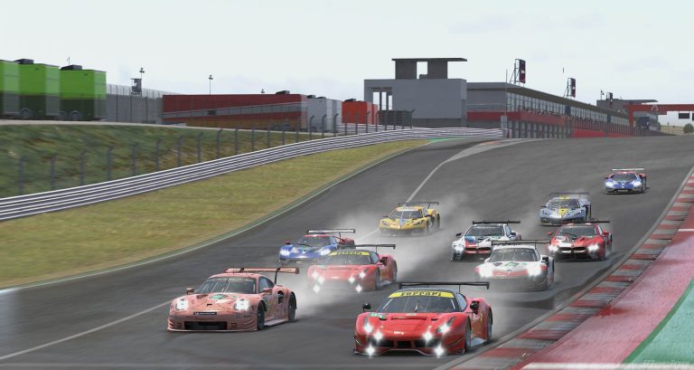 GTE class cars at a group start in iRacing