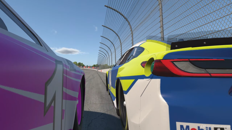 iRacing side drafting on Michigan oval, cars running three wide