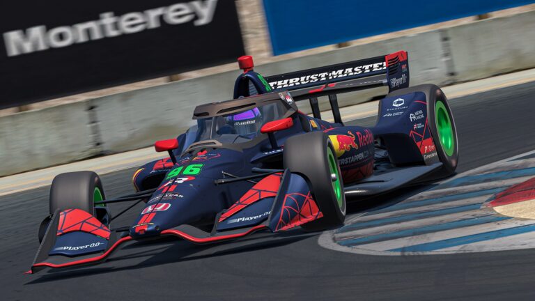 INDYCAR Dallara IR-18 at WeatherTech Raceway Laguna Seca during the 2026 INDYCAR Thrustmaster iRacing Pro Series championship finale