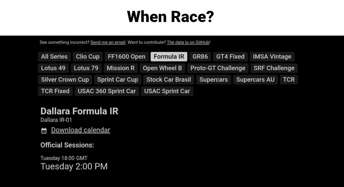 WhenRace.com iRacing race schedule app showing community series sessions
