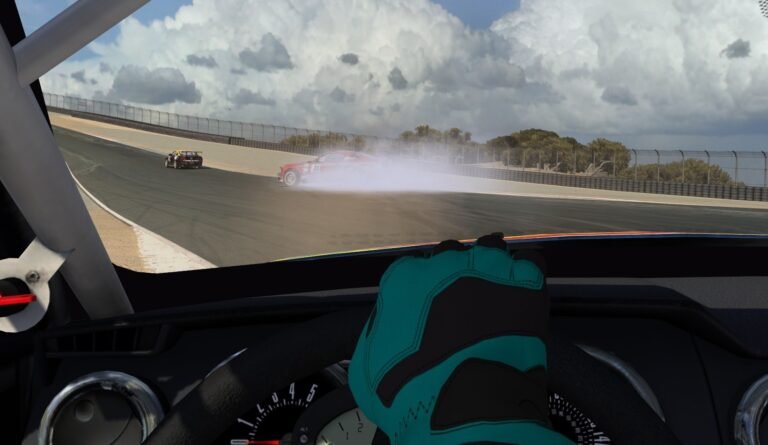 iRacing cockpit view showing a car spinning in iRacing, with rear-end rotation visible on track