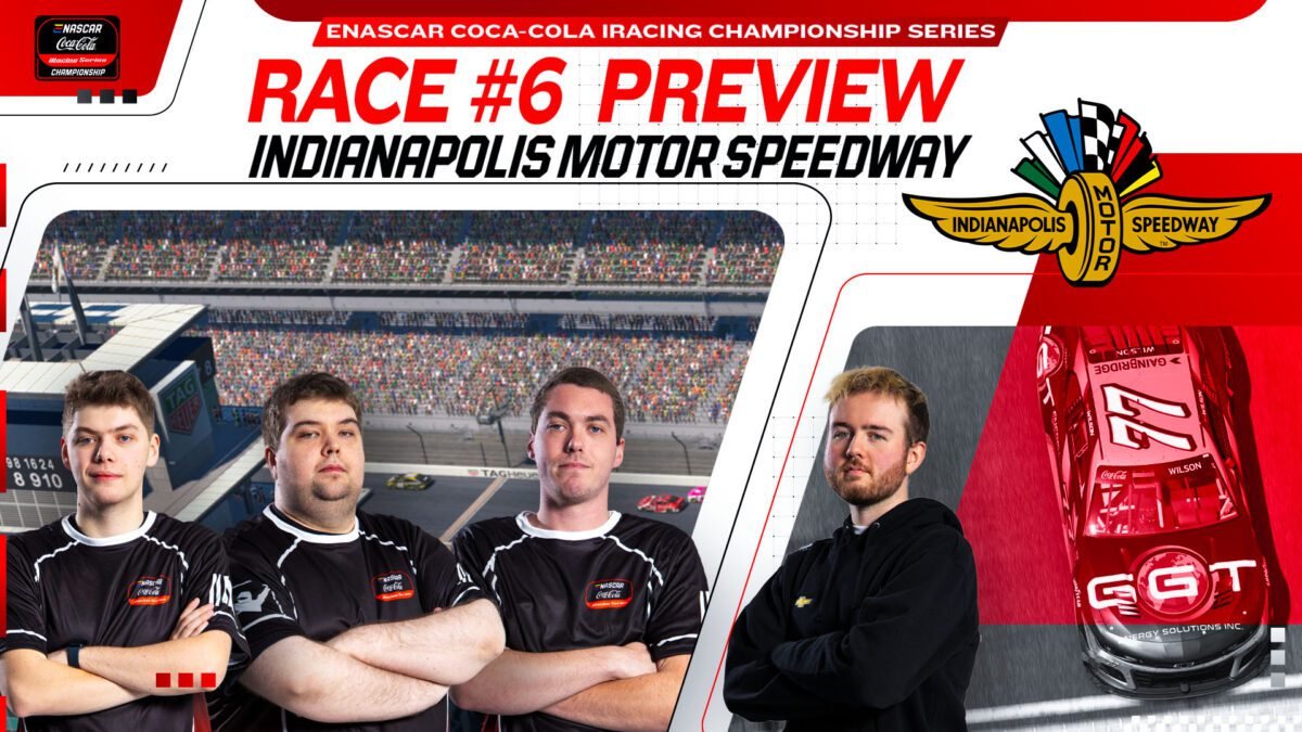 eNASCAR Race 6 Indianapolis Motor Speedway 2026 stock cars battling on the Brickyard oval