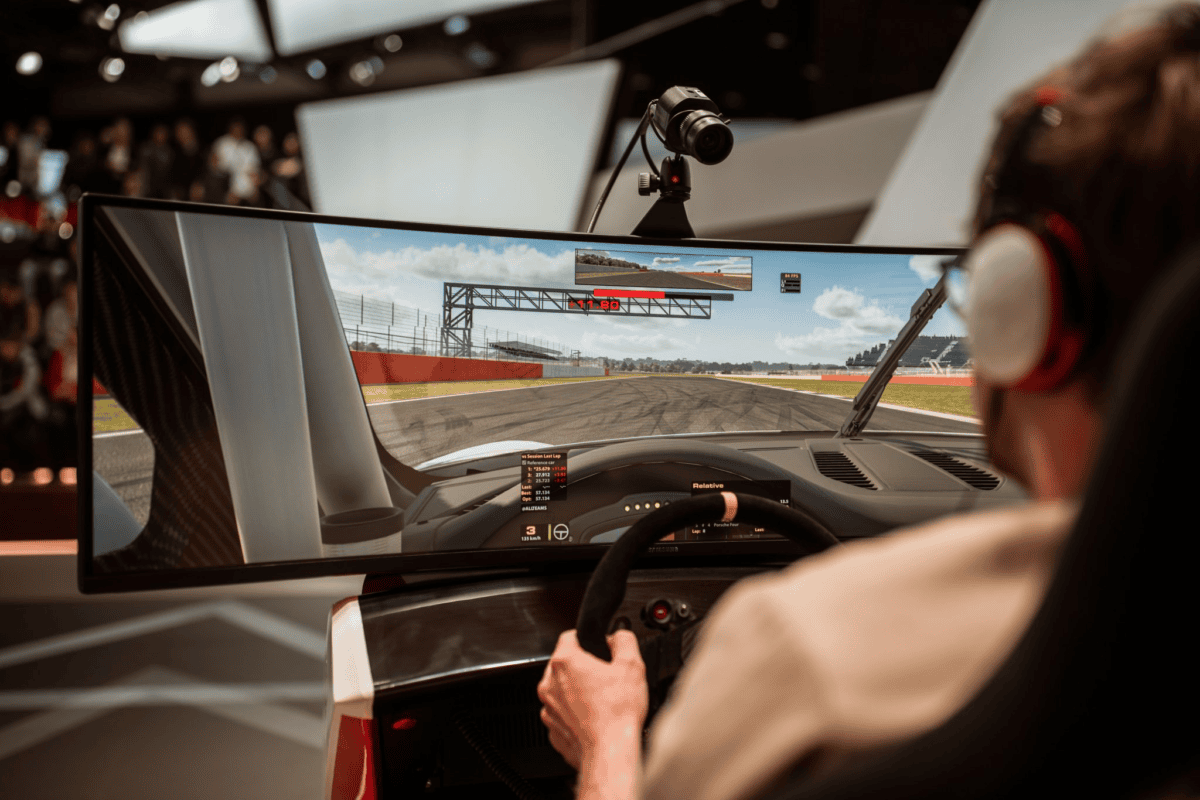 Sim racer at a home rig after a long day, using iRacing as a mental health reset and escape through focused concentration