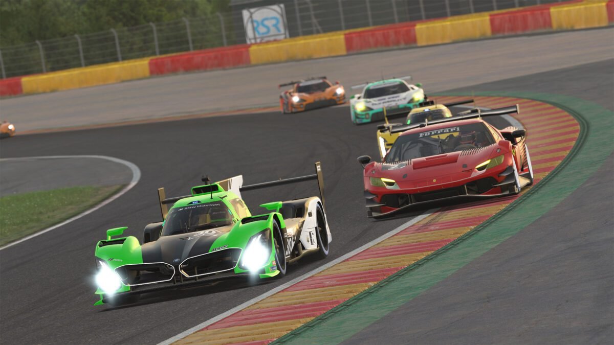 iRacing IMSA multiclass endurance racing with GTP and GT3 cars side by side in traffic