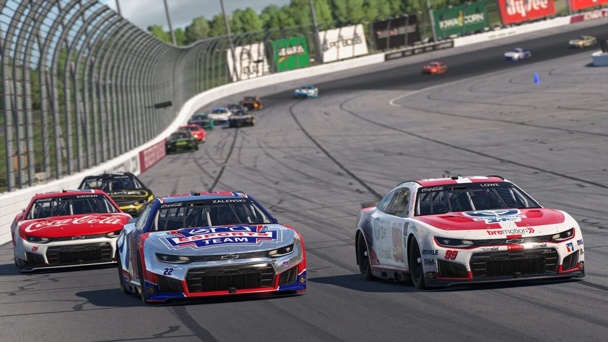 NASCAR Gen 7 cars racing side by side in iRacing illustrating consistency vs outright pace debate