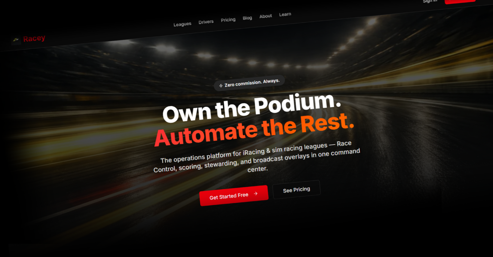 Racey iRacing league platform interface showing race control dashboard