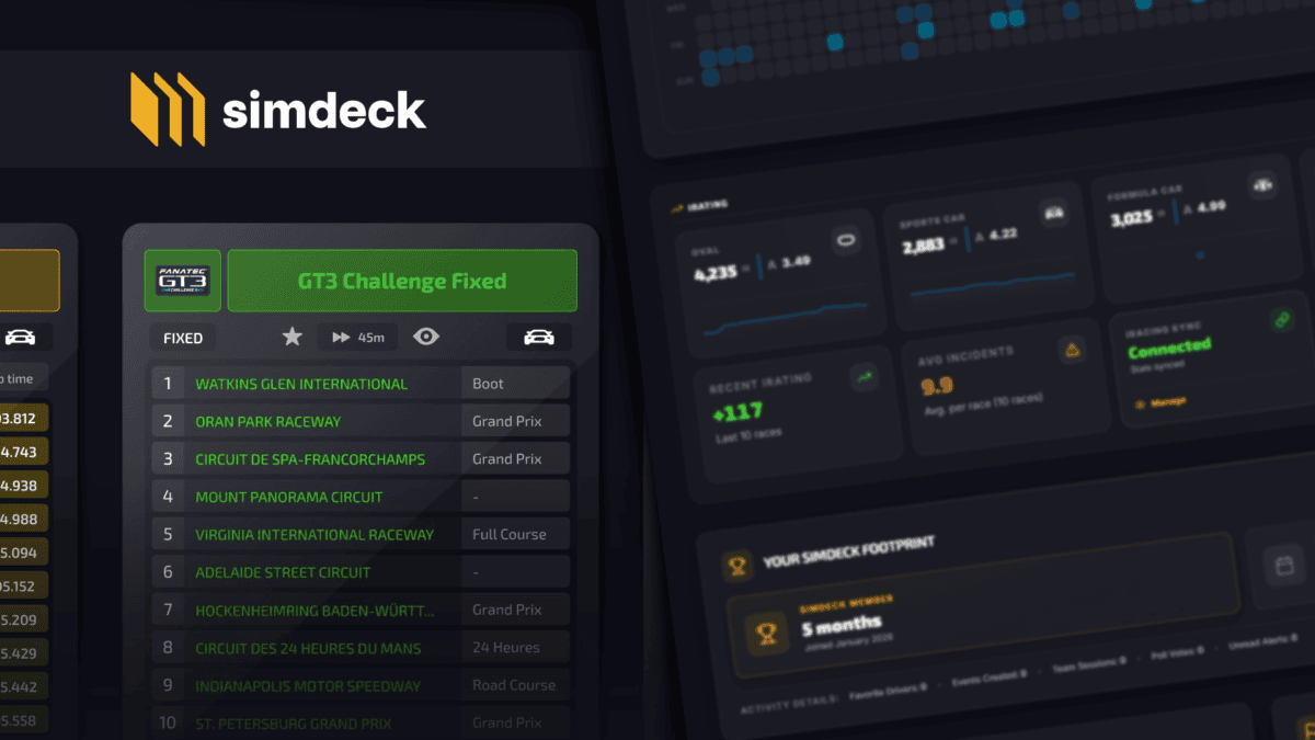 Simdeck iRacing season planner interface with schedule filters and series browser