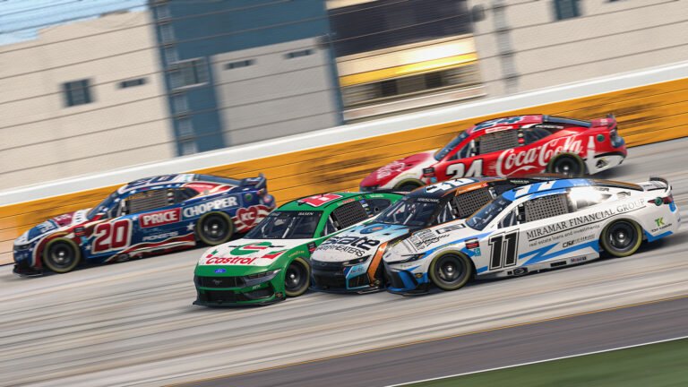 eNASCAR career pipeline in action, multiple cars racing in tight pack formation at the Coca-Cola iRacing Series