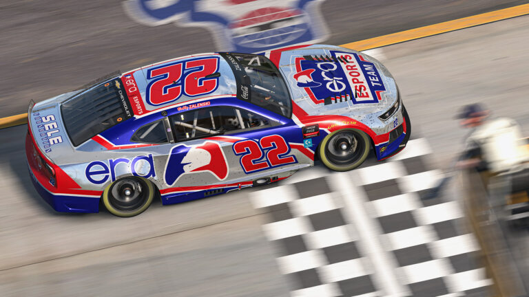 Bobby Zalenski celebrates his eNASCAR Nashville win after triple overtime at Nashville Superspeedway