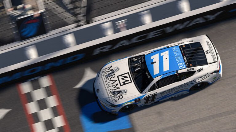 Vicente Salas leads the final eNASCAR Overtime restart at Richmond Raceway to win Race 8 in 2026