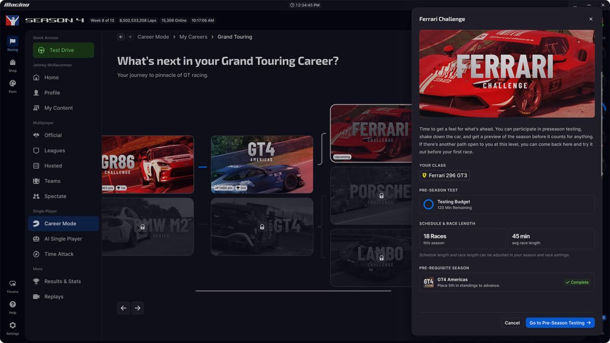iRacing Career Mode race progression system with seven distinct career paths