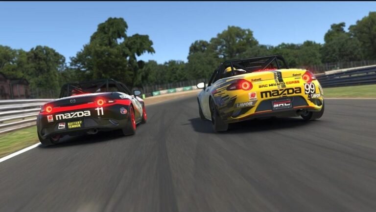 Mazda MX-5 Cup cars racing side by side in an iRacing open setup race