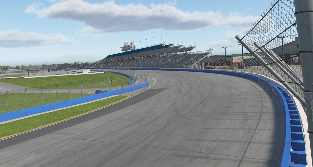 iRacing oval racing at Milwaukee Mile, representing the grassroots career path in iRacing Career Mode