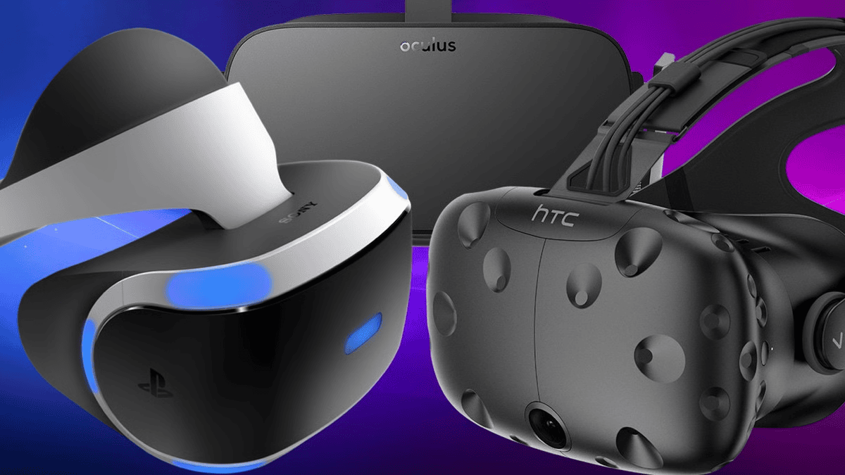 PlayStation VR, Oculus Rift, and HTC Vive headsets for PC sim racing on stylized background