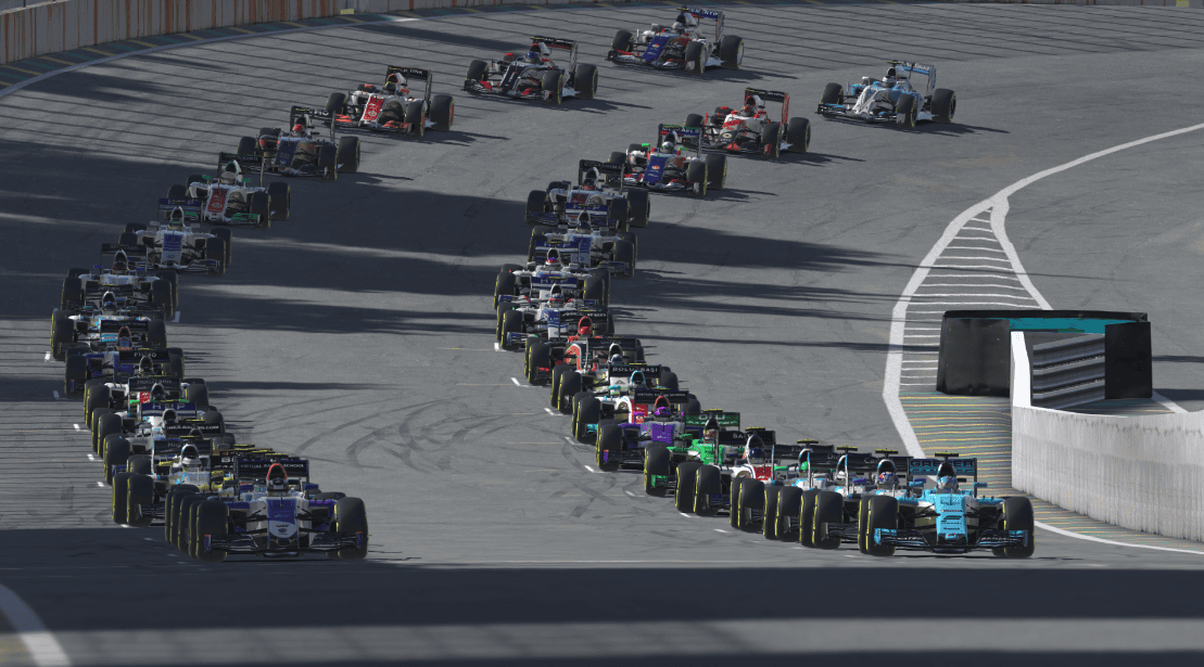 iRacing standing start grid showing a full field of race cars lined up at the start of a race