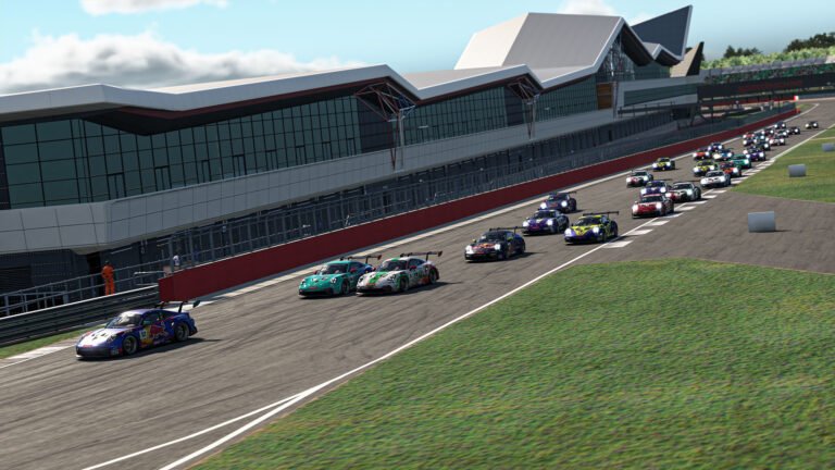 Porsche 911 GT3 Cup cars racing at Silverstone in the 2026 Porsche Esports Supercup, one of the featured iRacing esports events this week