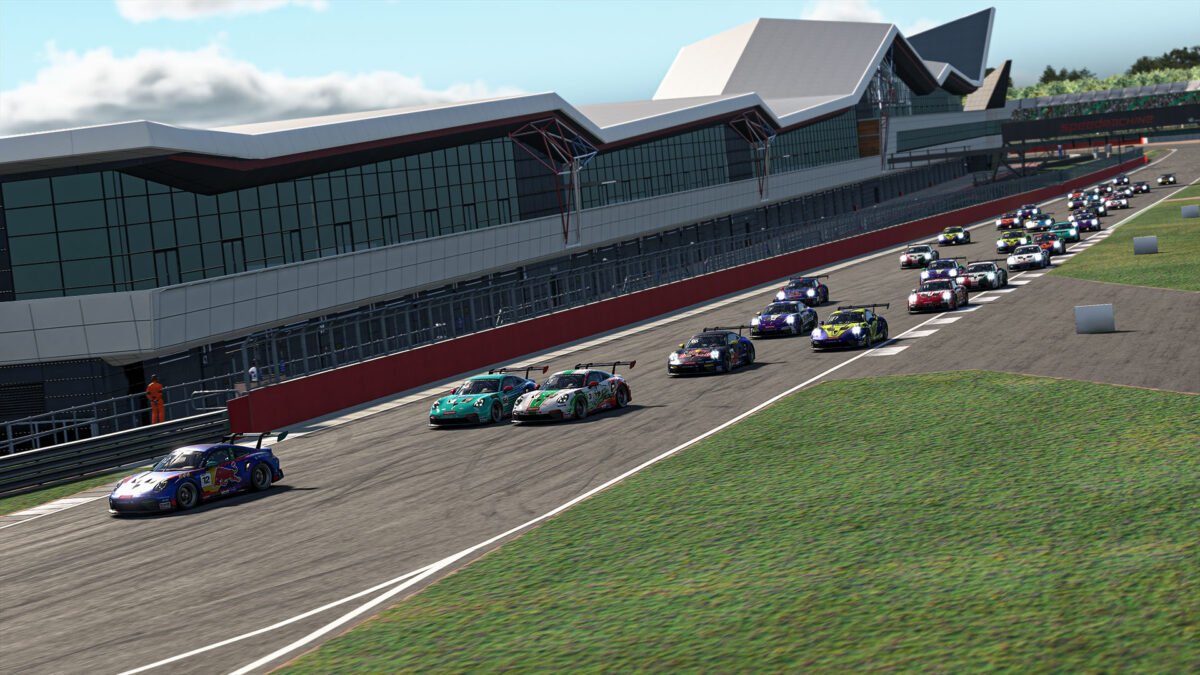 Porsche 911 GT3 Cup cars racing at Silverstone in the 2026 Porsche Esports Supercup, one of the featured iRacing esports events this week