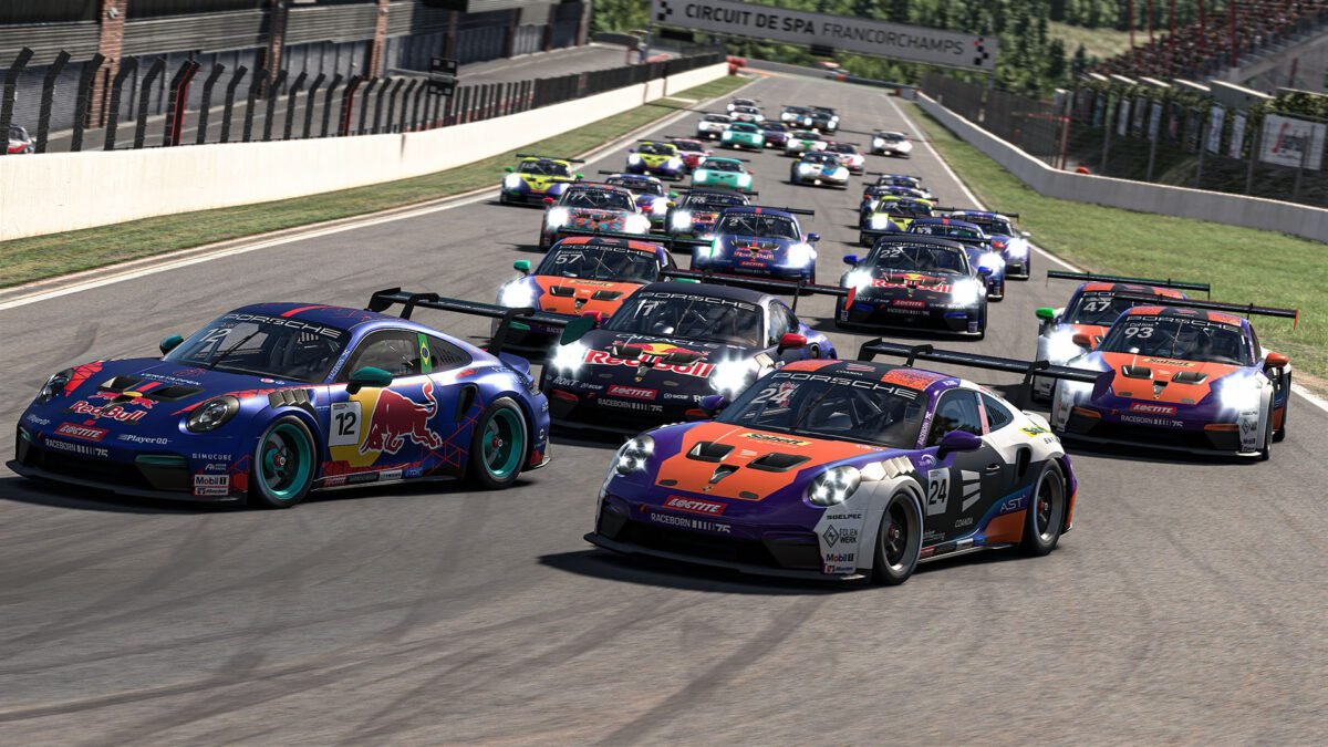 Porsche 911 GT3 Cup cars battling at Circuit de Spa-Francorchamps during the 2026 Porsche Esports Supercup World Championship Race 1
